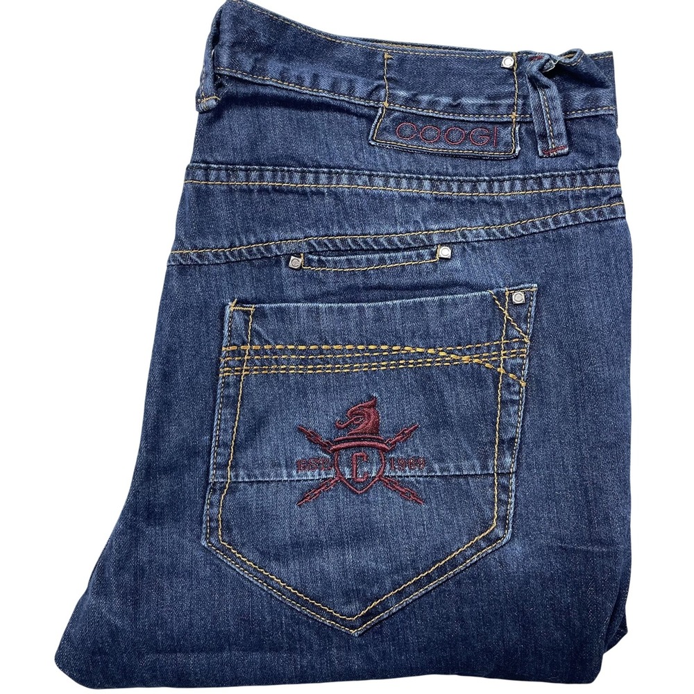 COOGI Men Blue Denim Relaxed Straight Jeans Embroidered Baggy Y2K 40x35